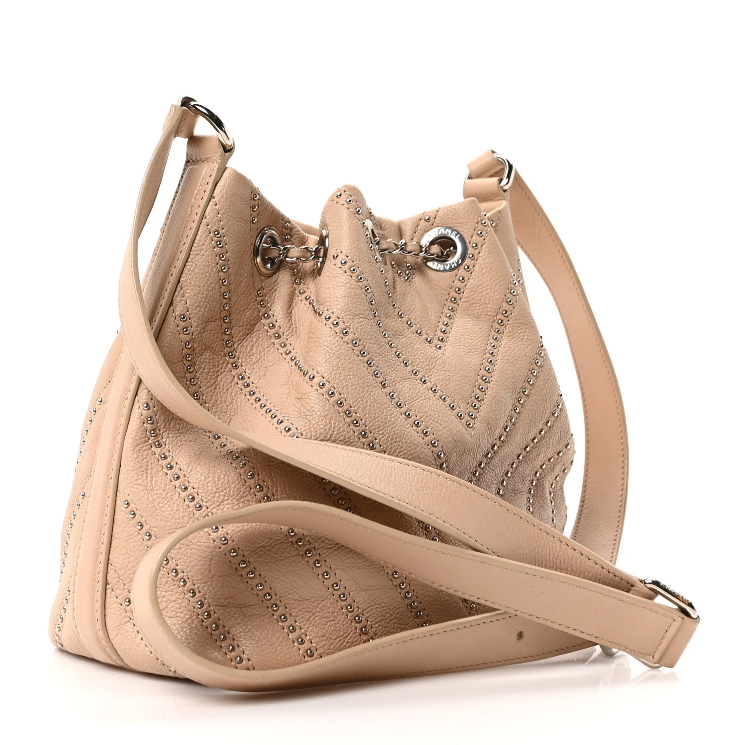 Metallic Calfskin Studded Chevron Quilted Small Stud Wars Drawstring Bag Beige - Image 3