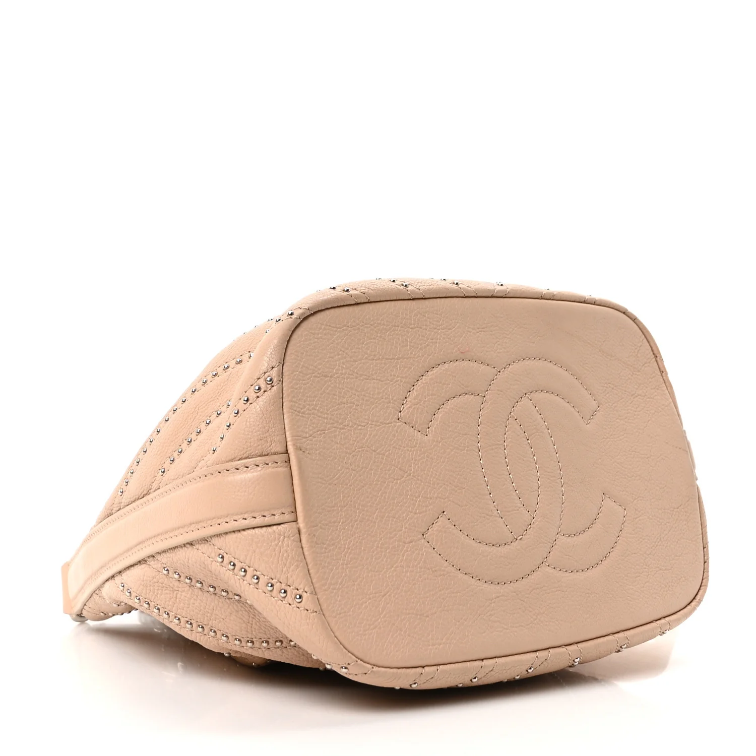 Metallic Calfskin Studded Chevron Quilted Small Stud Wars Drawstring Bag Beige - Image 4
