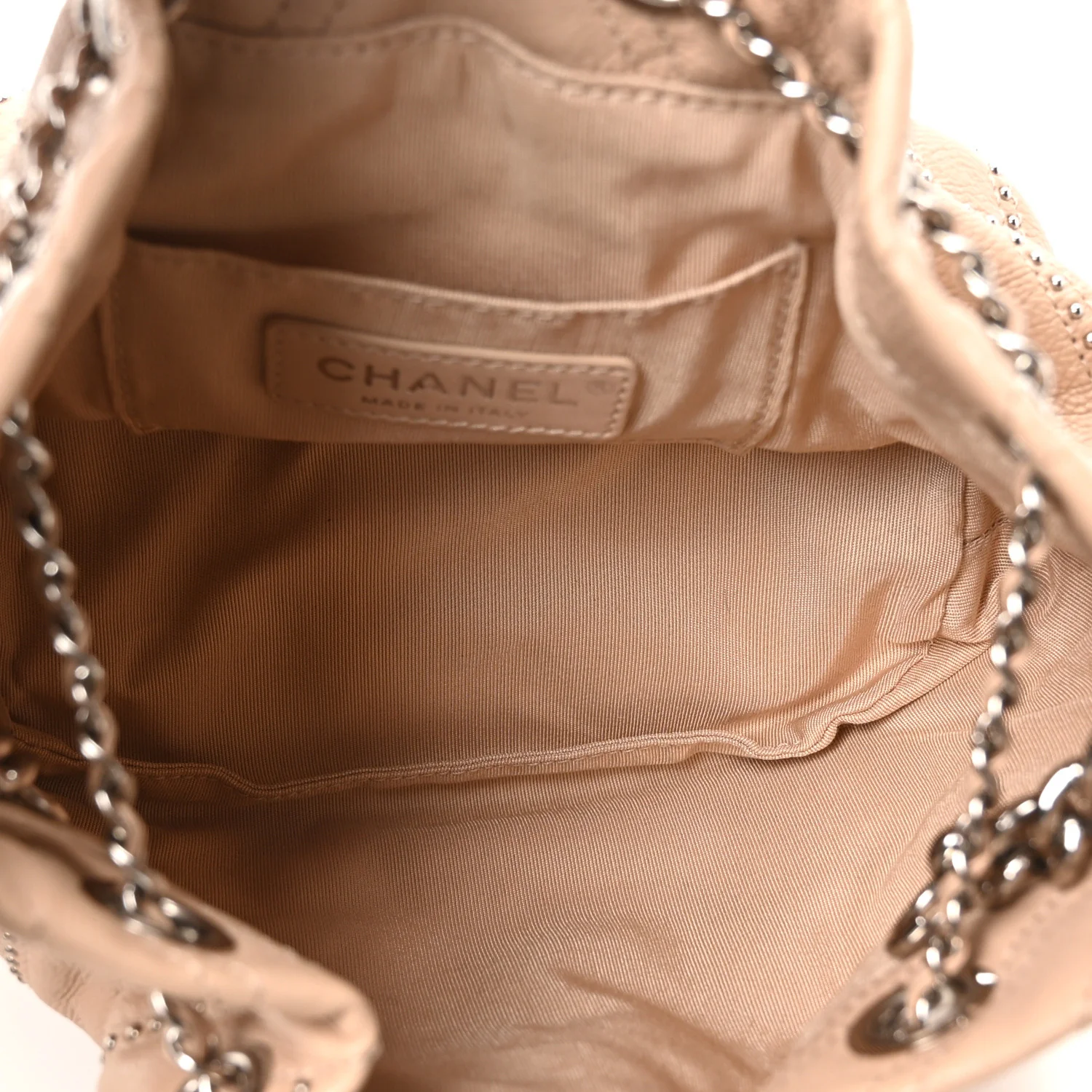 Metallic Calfskin Studded Chevron Quilted Small Stud Wars Drawstring Bag Beige - Image 5