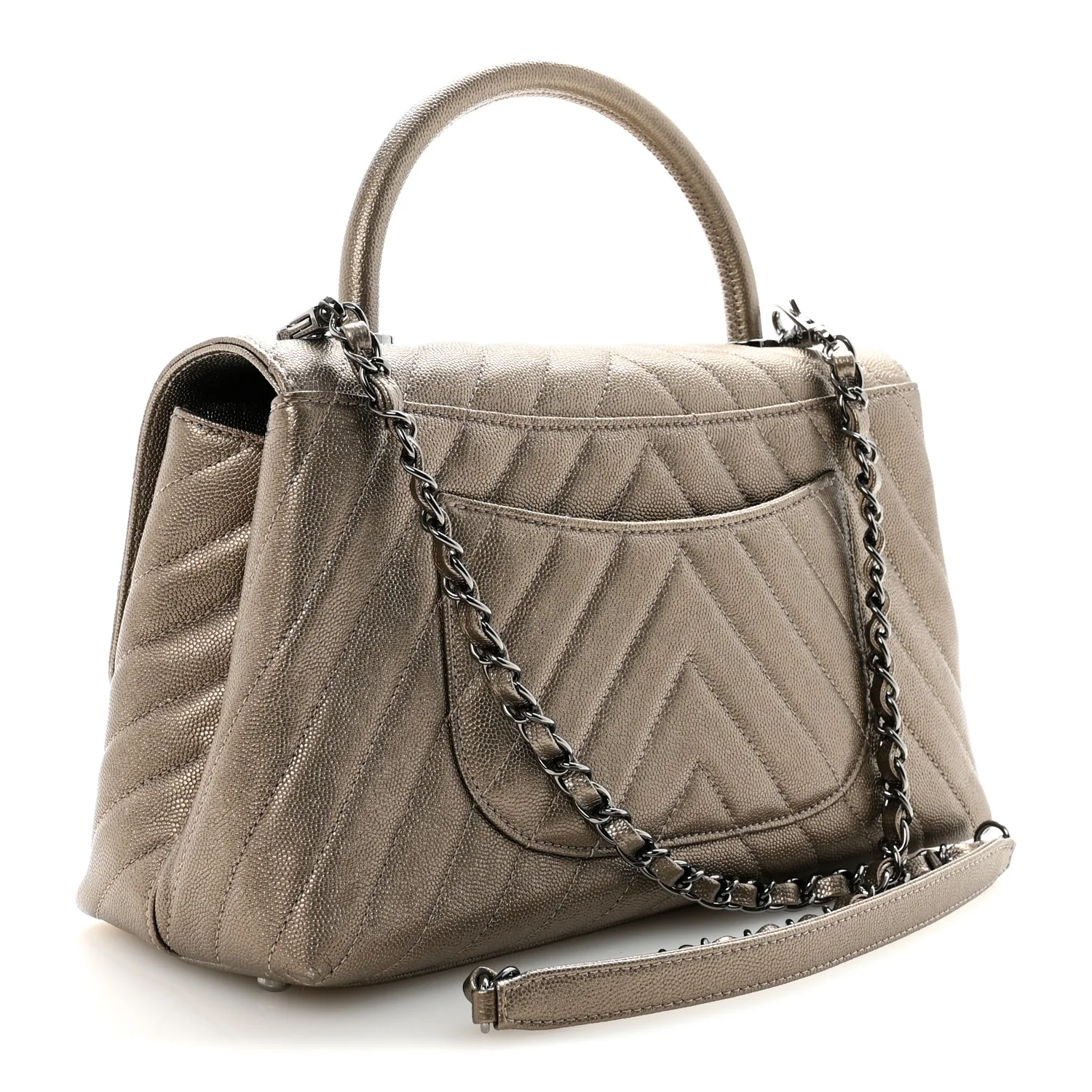 Metallic Caviar Chevron Quilted Small Coco Handle Flap Light Gold - Image 2