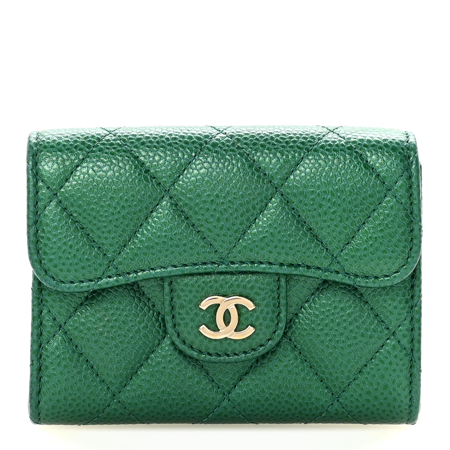 Metallic Caviar Quilted Flap Card Holder Wallet Green