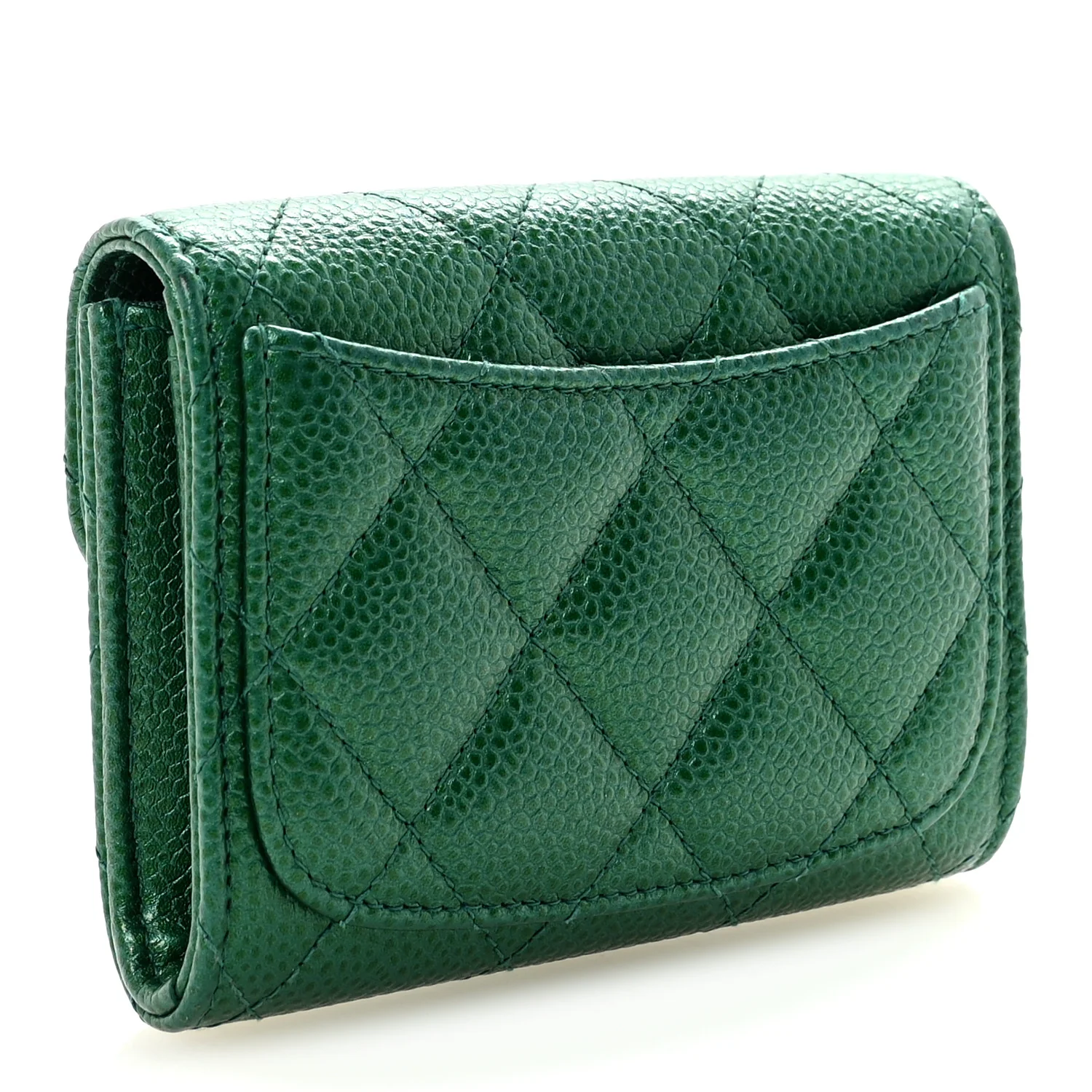 Metallic Caviar Quilted Flap Card Holder Wallet Green - Image 3