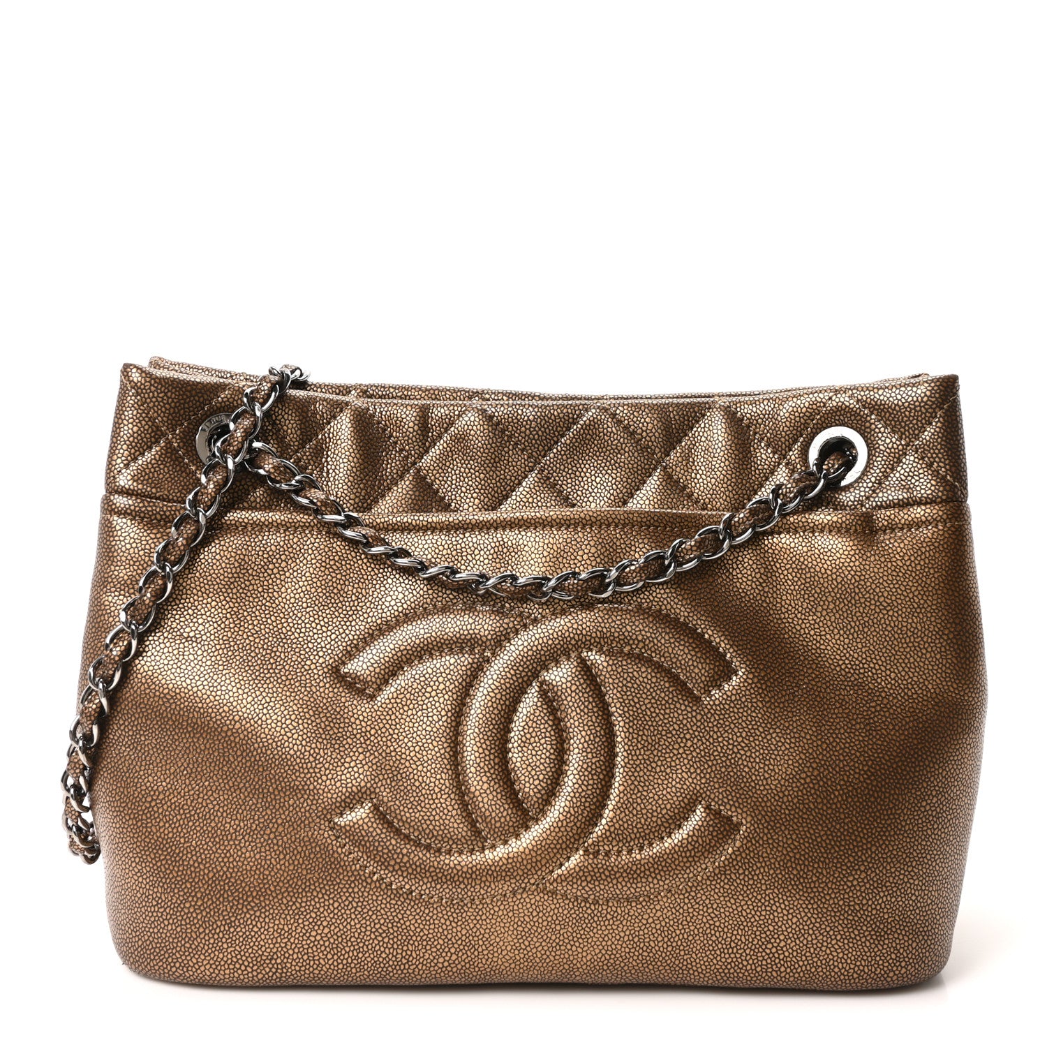 Metallic Caviar Quilted Large Timeless CC Soft Tote Bronze