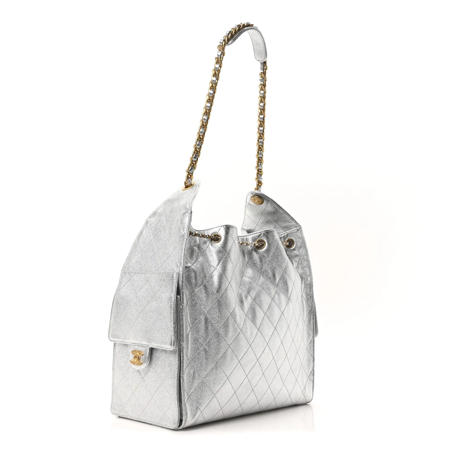 Metallic Caviar Quilted Medium Chanel 25 Handbag Silver - Image 3