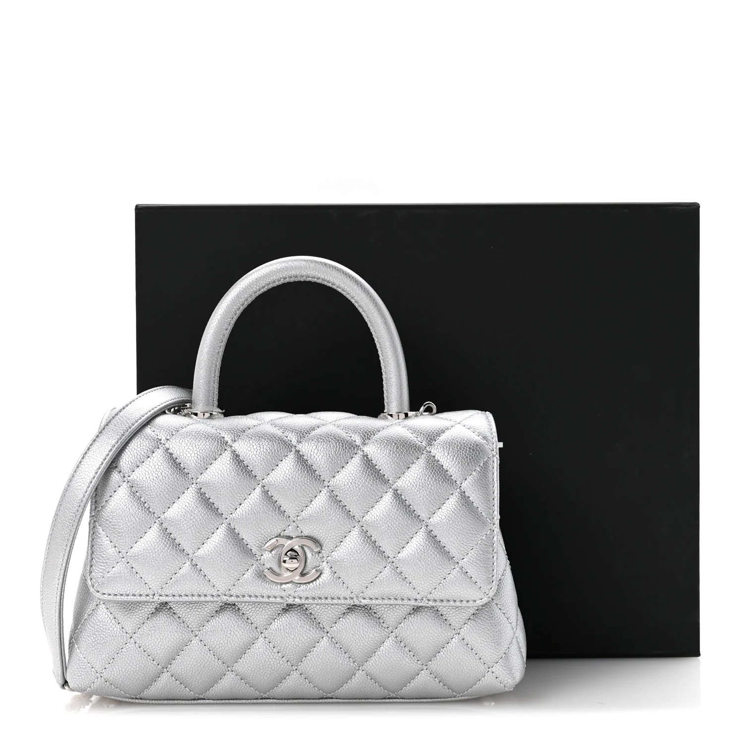 Metallic Caviar Quilted Mini Coco Handle Flap Silvery - Image 12