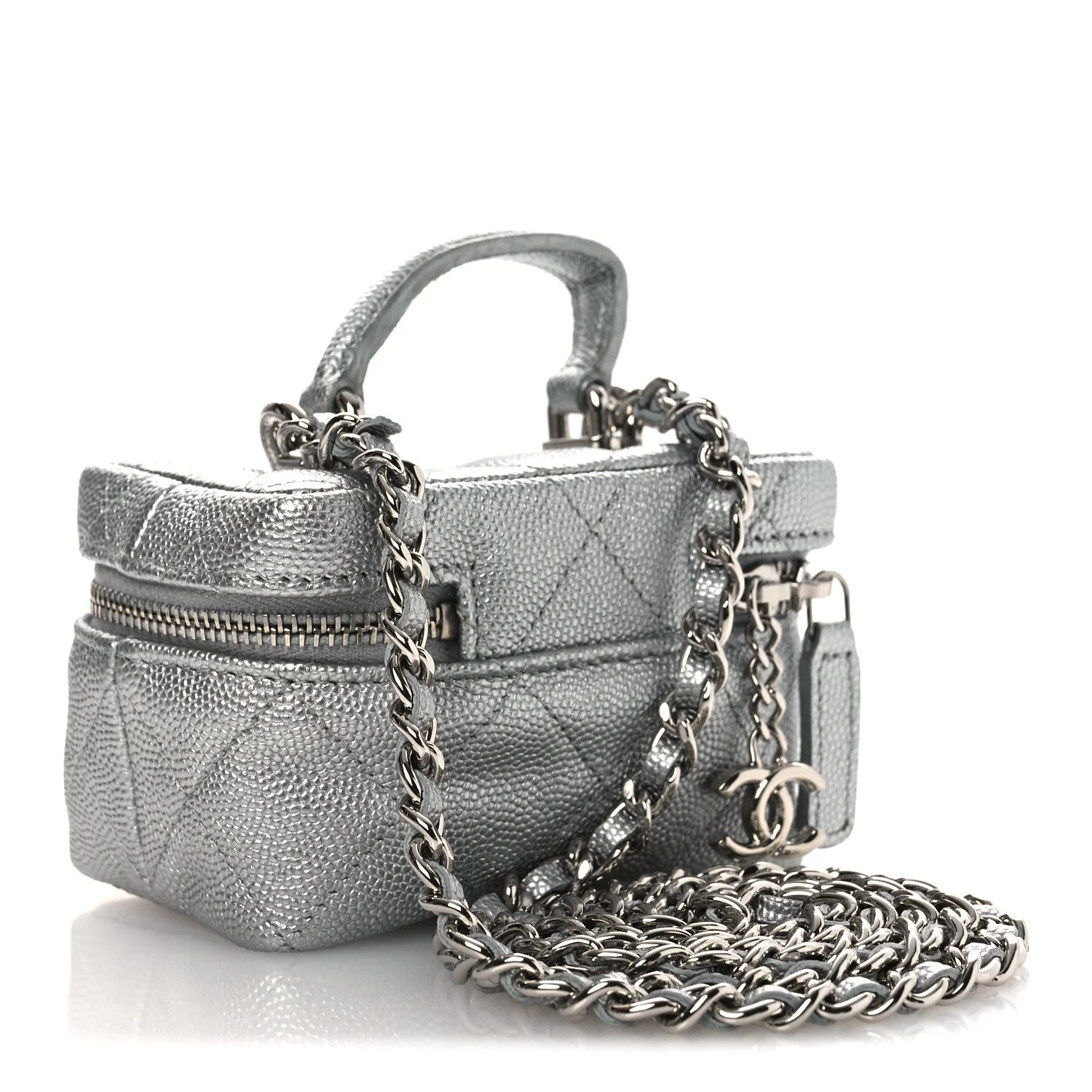 Metallic Caviar Quilted Mini Top Handle Vanity With Chain Silver - Image 3