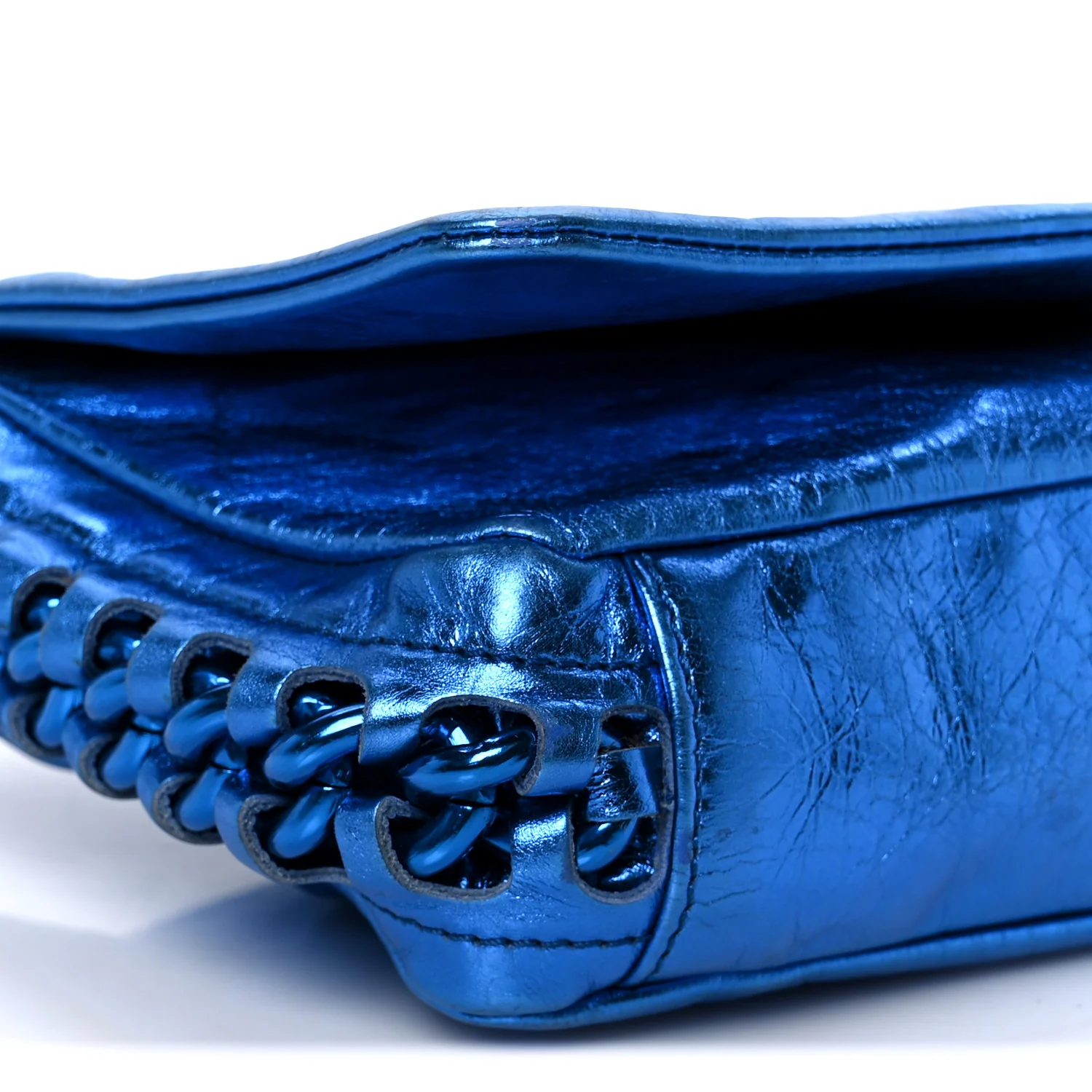 Metallic Cracked Calfskin Modern Chain Flap Bag Blue - Image 9