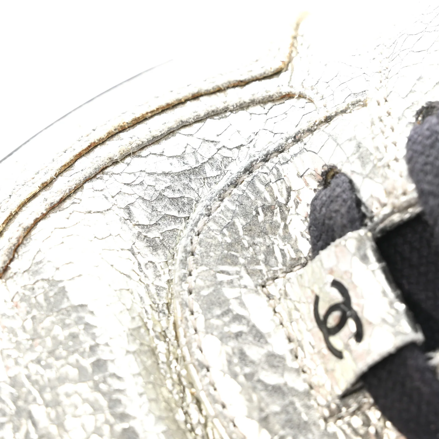 Metallic Crackled Calfskin CC Sneakers 36 Silver Black Navy - Image 13