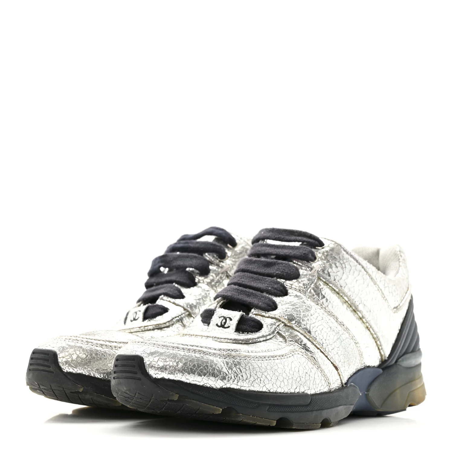 Metallic Crackled Calfskin CC Sneakers 36 Silver Black Navy - Image 4