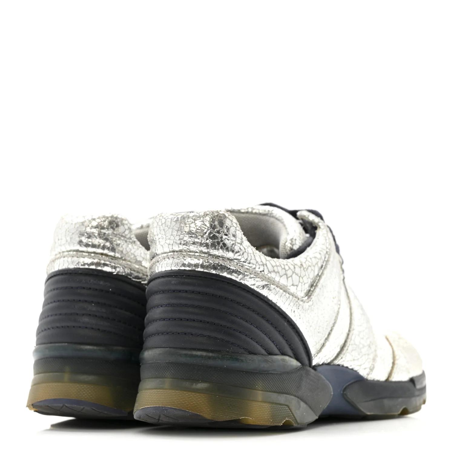 Metallic Crackled Calfskin CC Sneakers 36 Silver Black Navy - Image 5