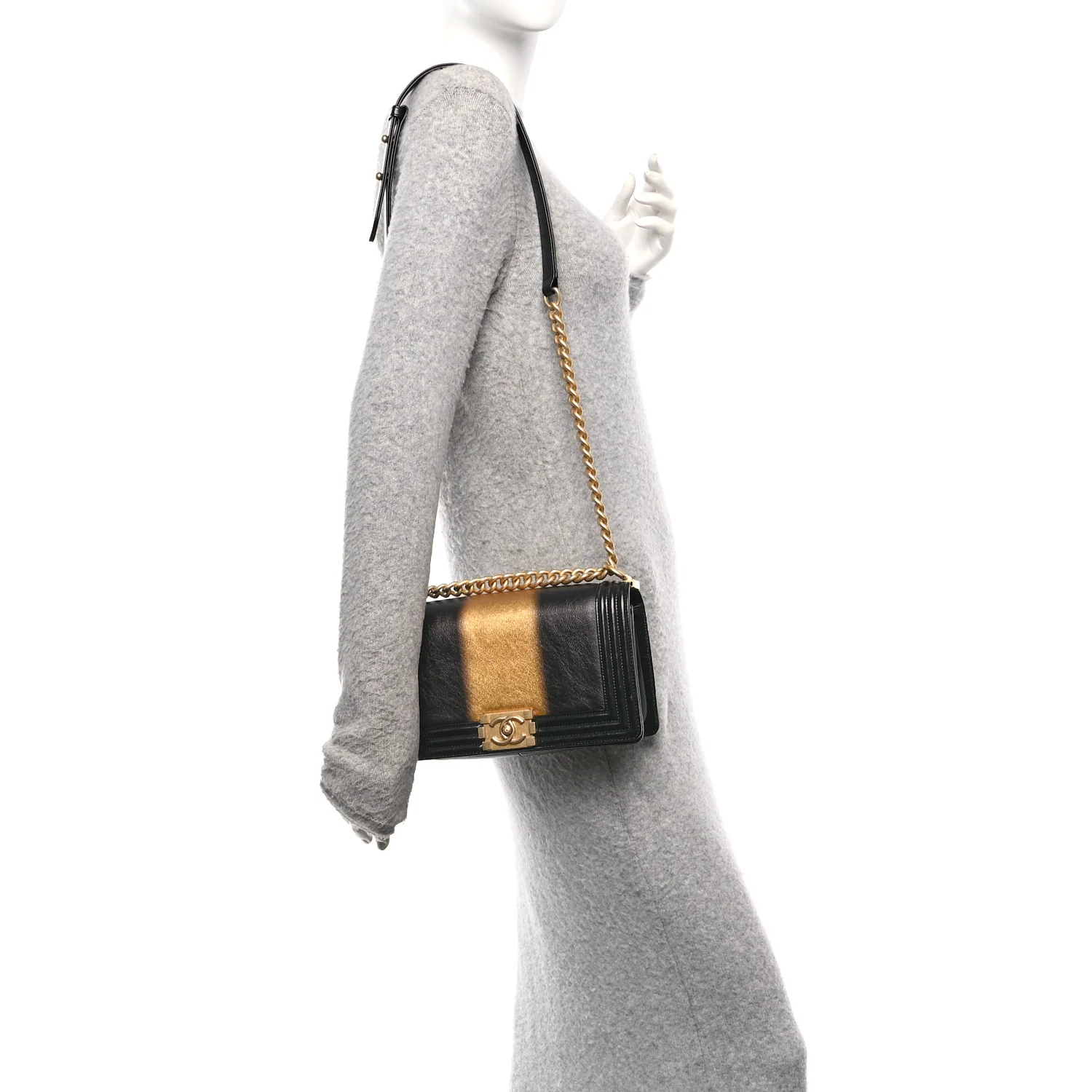 Metallic Glazed Calfskin Medium Boy Flap Black Gold - Image 2