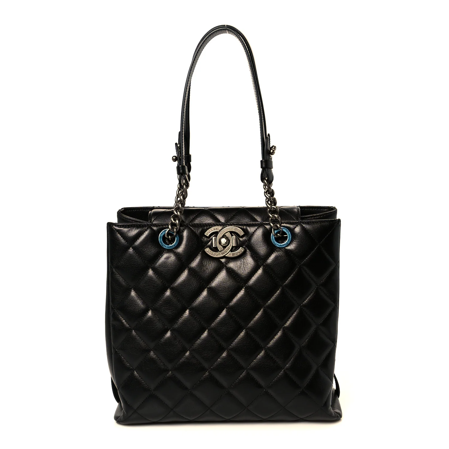 Metallic Goatskin Quilted Small City Rock Shopping Tote Black