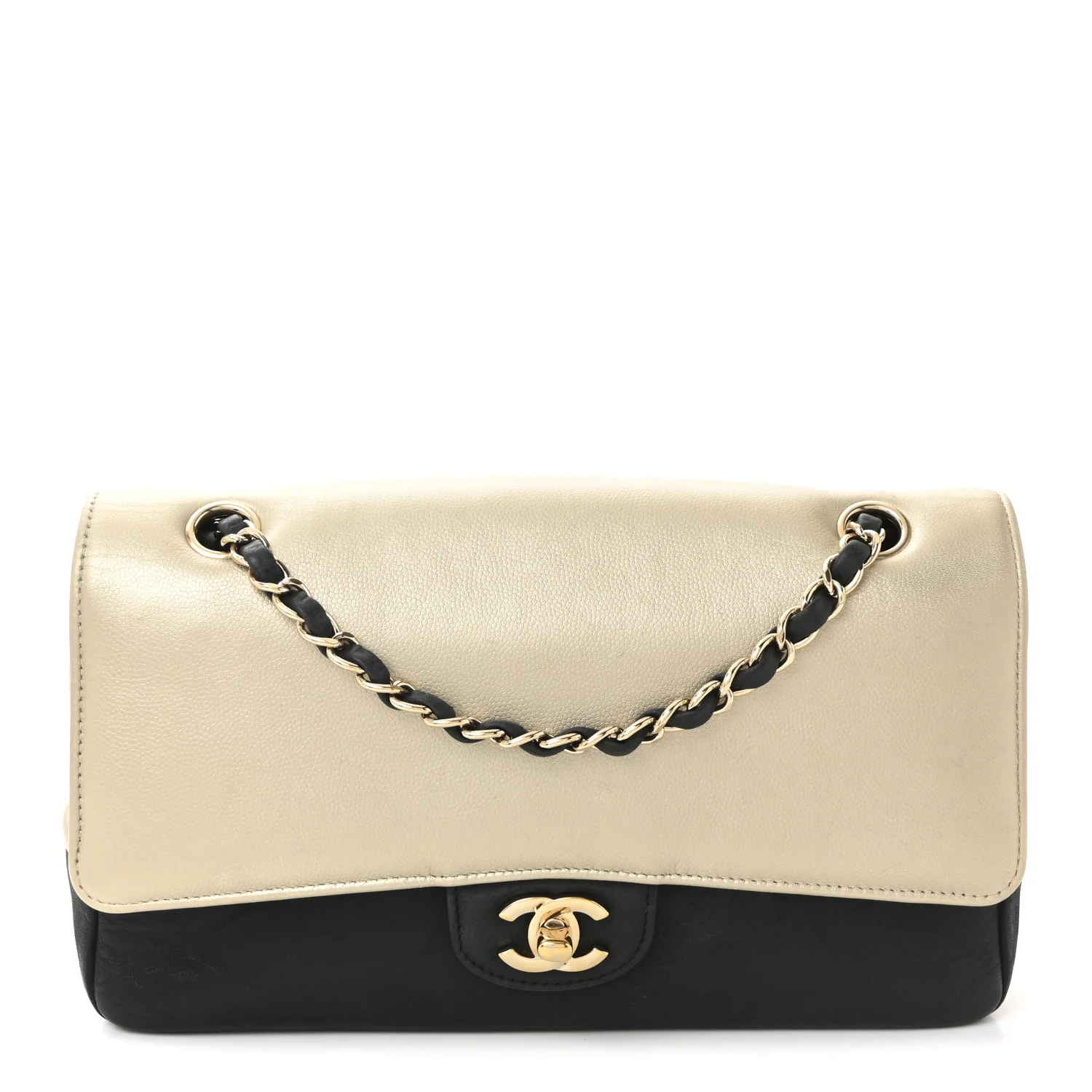 Metallic Grained Calfskin Medium Classic Pure Double Flap Gold Black