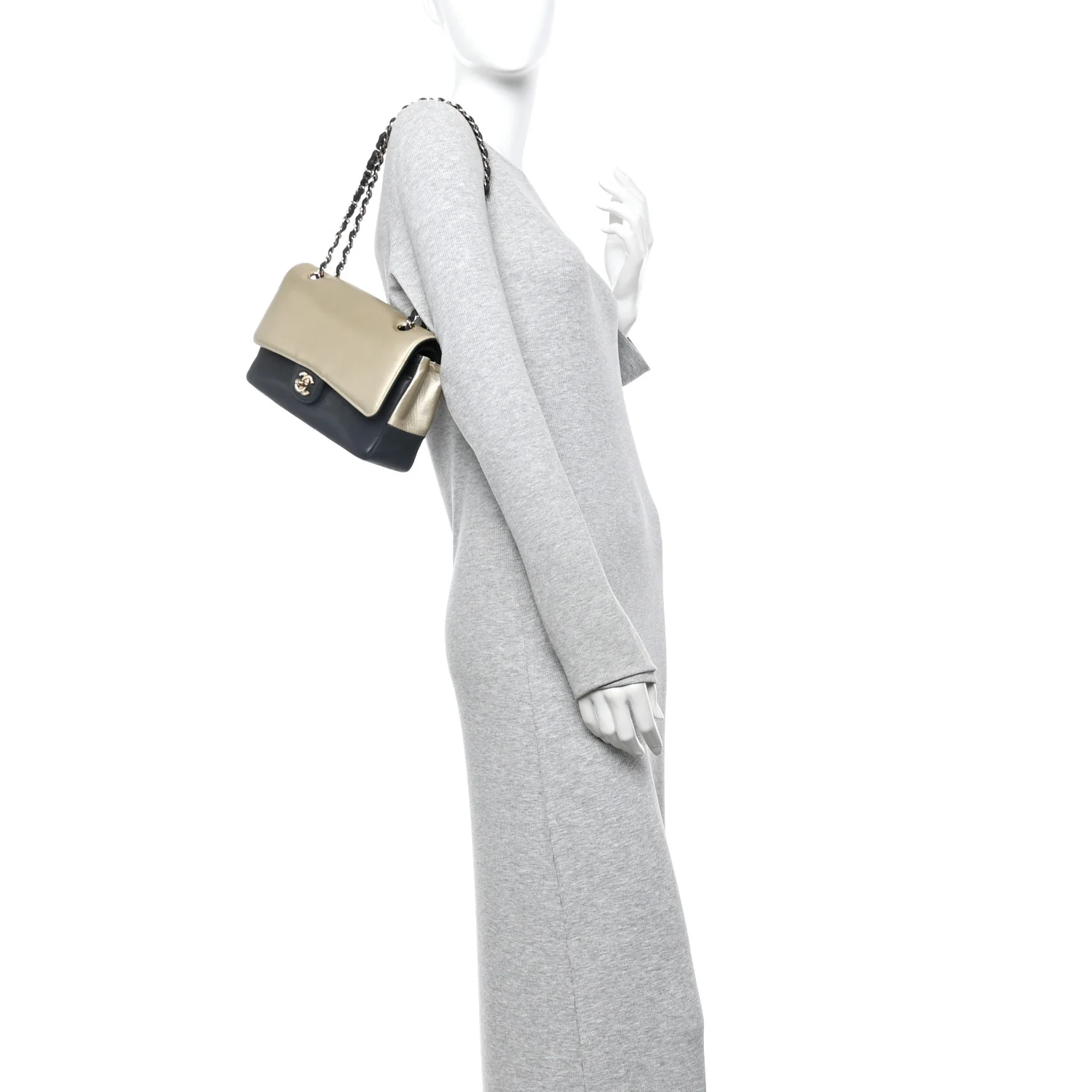 Metallic Grained Calfskin Medium Classic Pure Double Flap Gold Black - Image 2