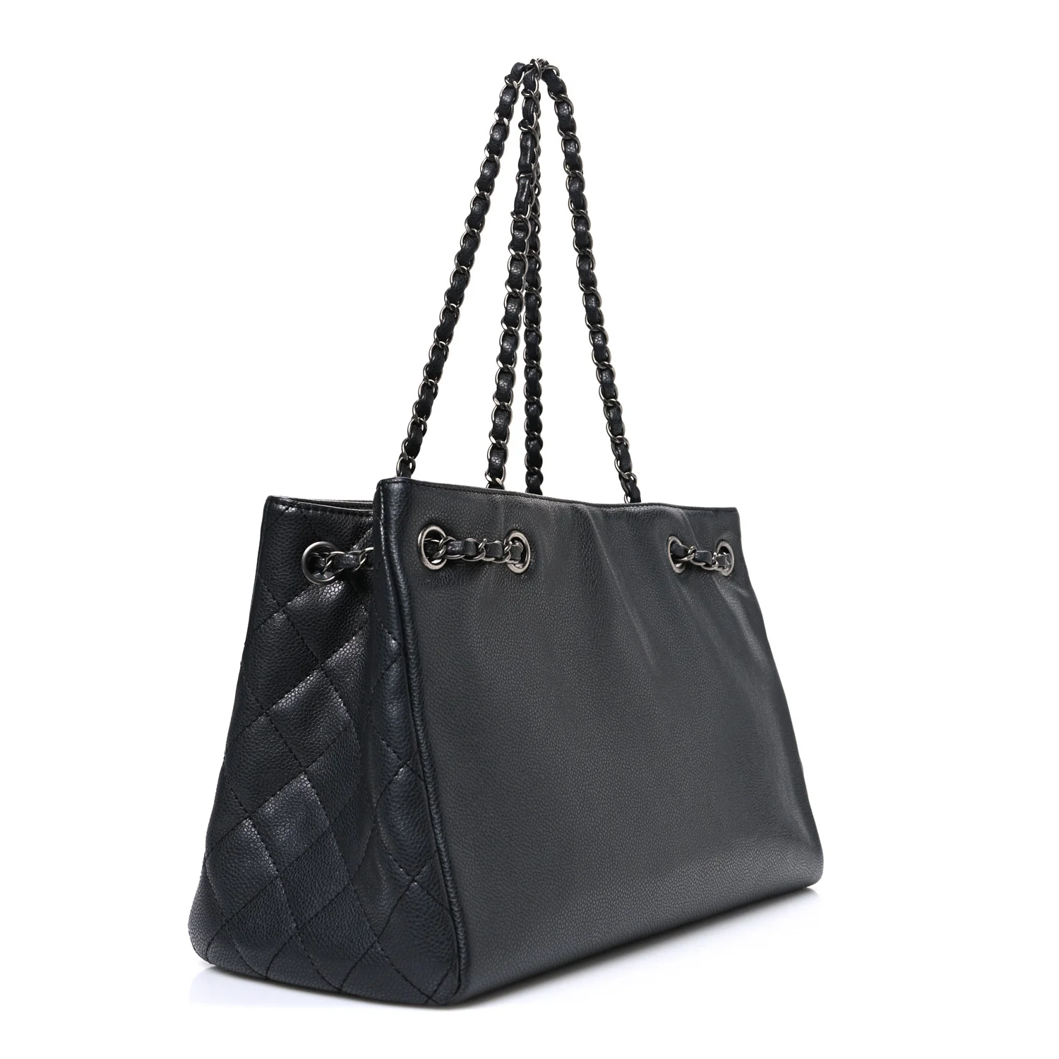 Metallic Grained Calfskin Medium Woven Chain Shopping Bag Black - Image 3