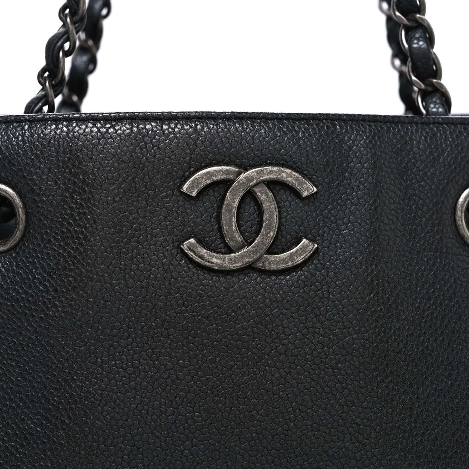 Metallic Grained Calfskin Medium Woven Chain Shopping Bag Black - Image 8