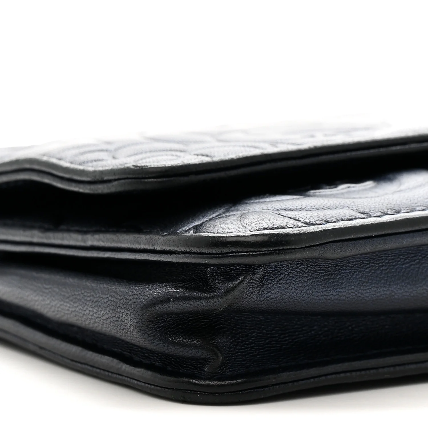 Metallic Lambskin Camellia Embossed Wallet on Chain WOC Navy - Image 10