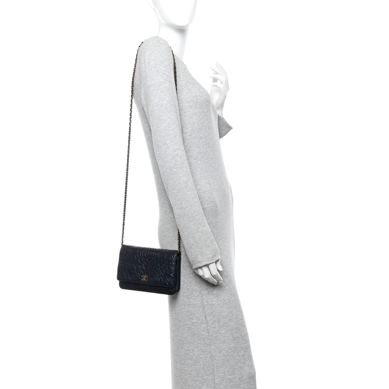 Metallic Lambskin Camellia Embossed Wallet on Chain WOC Navy - Image 2