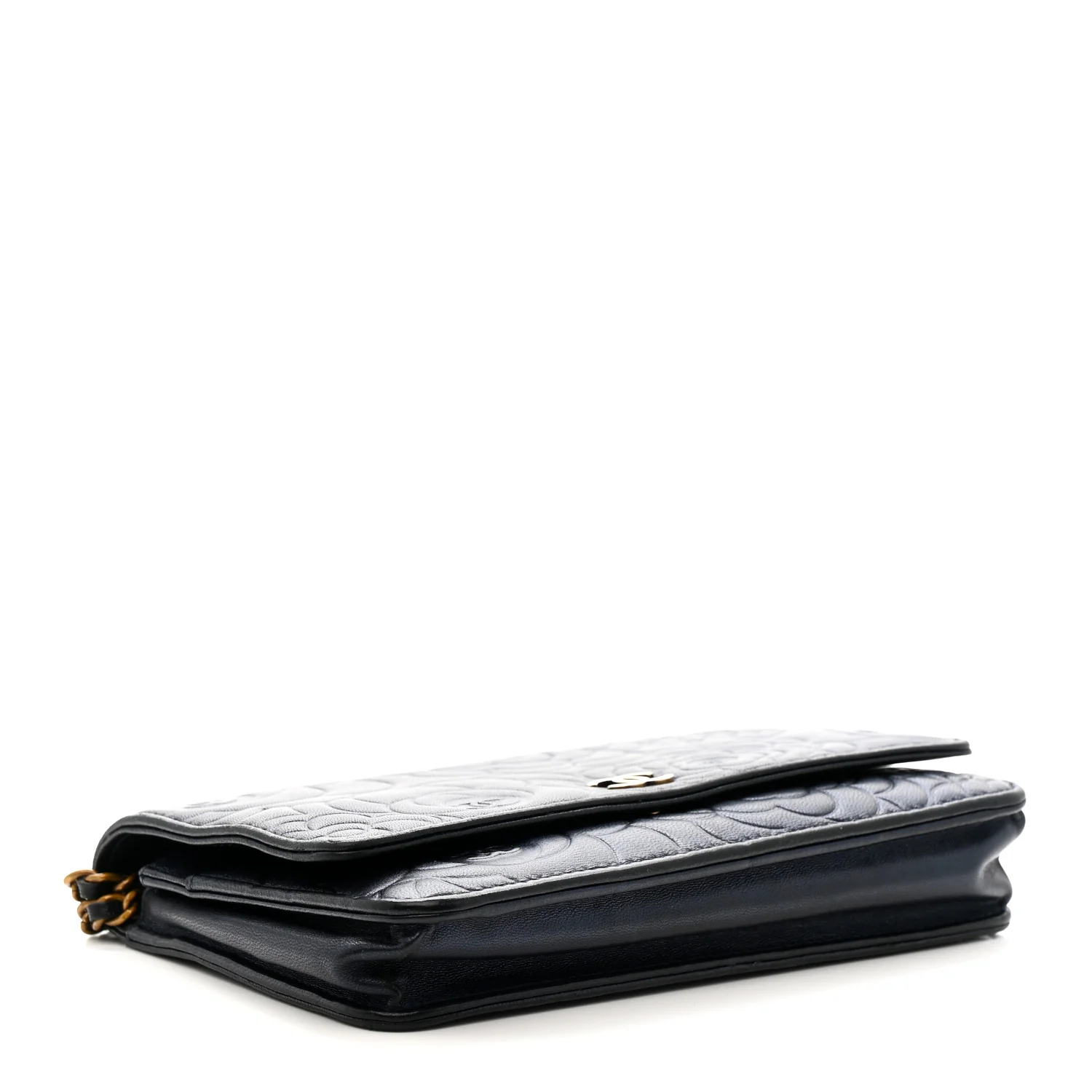 Metallic Lambskin Camellia Embossed Wallet on Chain WOC Navy - Image 4