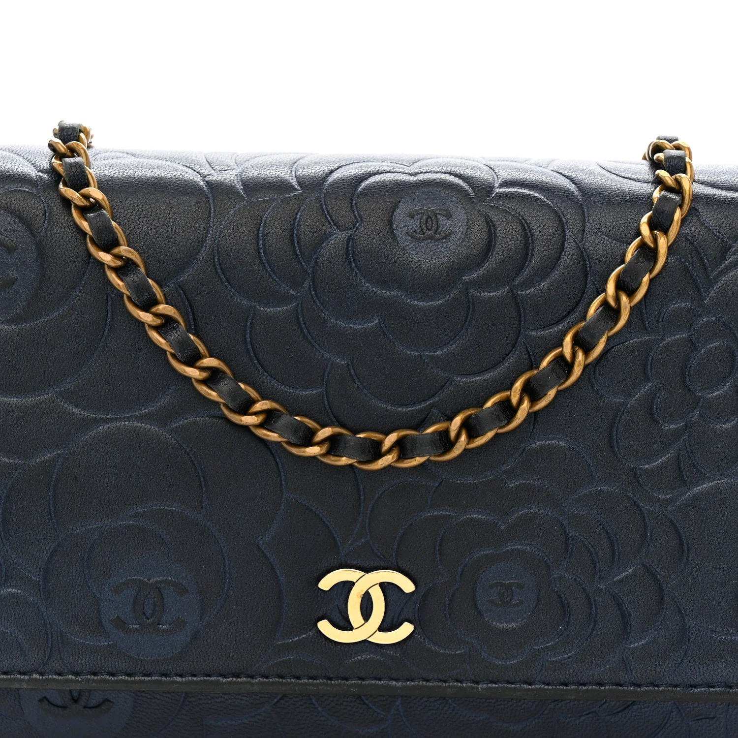 Metallic Lambskin Camellia Embossed Wallet on Chain WOC Navy - Image 9