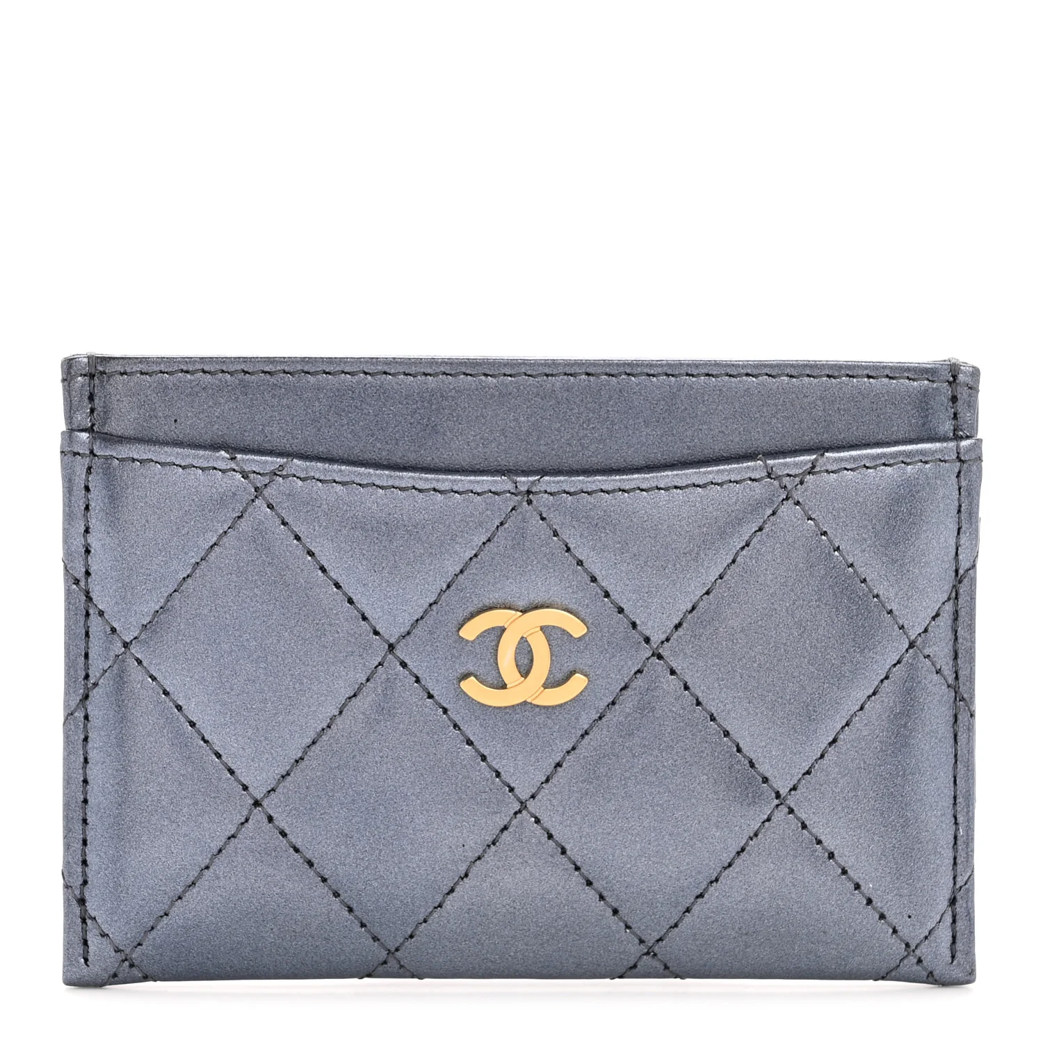 Metallic Lambskin Quilted Card Holder Dark Blue