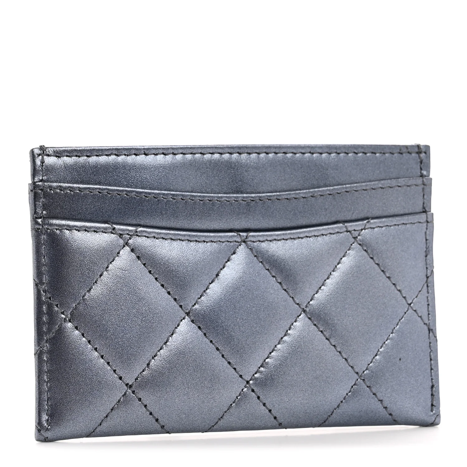 Metallic Lambskin Quilted Card Holder Dark Blue - Image 3