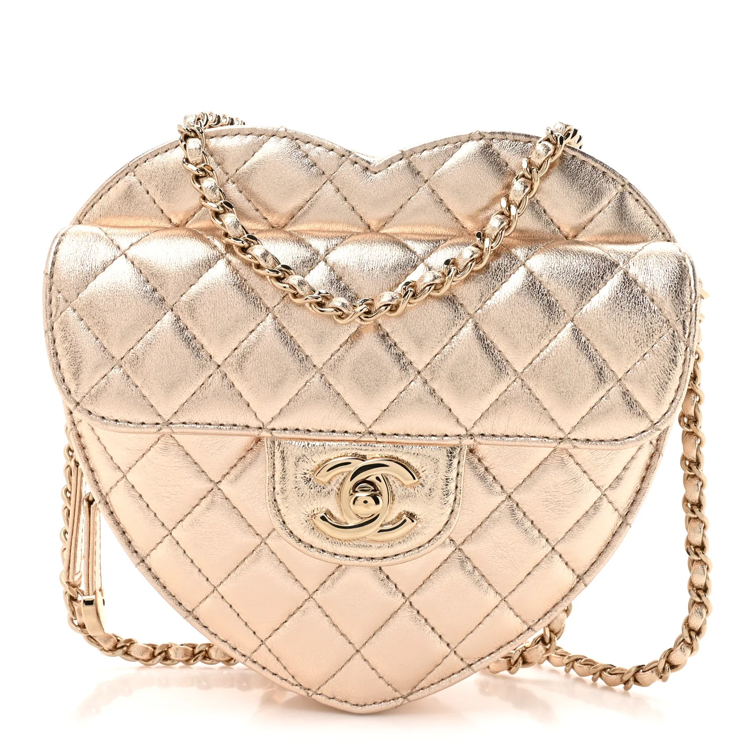 Metallic Lambskin Quilted CC In Love Heart Bag Gold