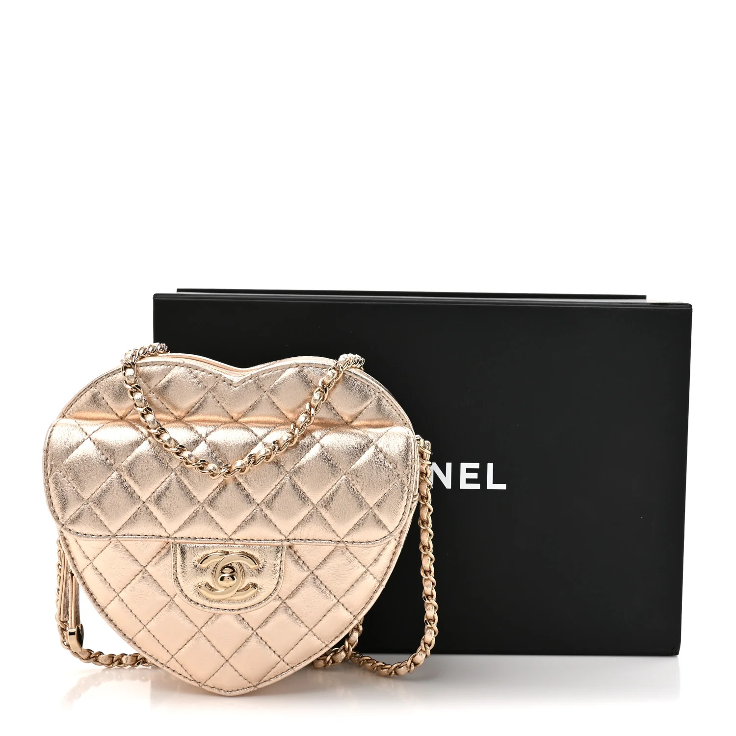 Metallic Lambskin Quilted CC In Love Heart Bag Gold - Image 11