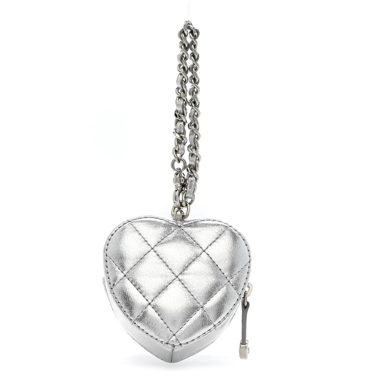 Metallic Lambskin Quilted CC Mini In Love Heart Bag Charm Silver - Image 3