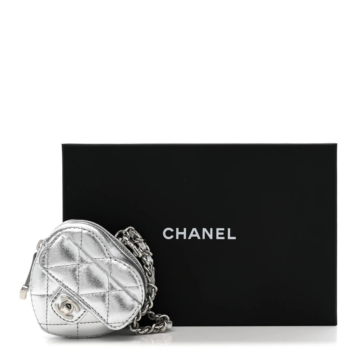 Metallic Lambskin Quilted CC Mini In Love Heart Bag Charm Silver - Image 8
