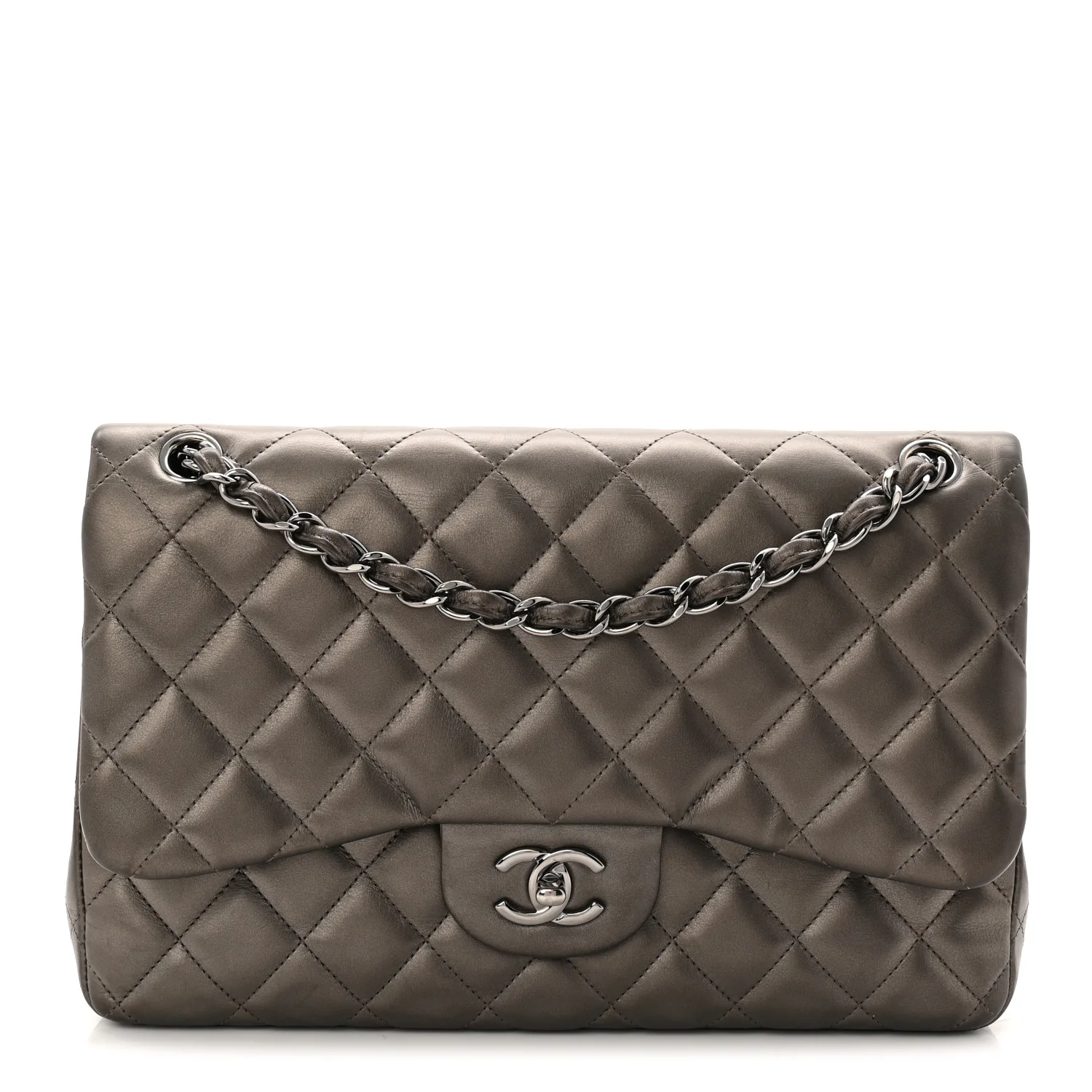Metallic Lambskin Quilted Jumbo Double Flap Pewter