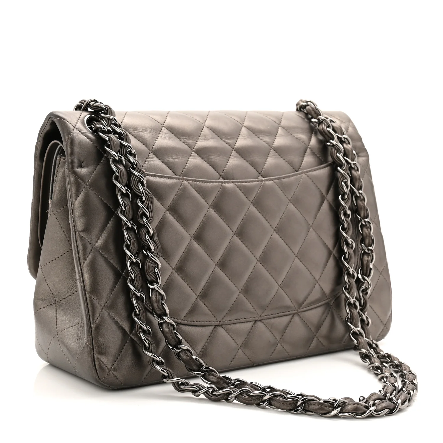 Metallic Lambskin Quilted Jumbo Double Flap Pewter - Image 3