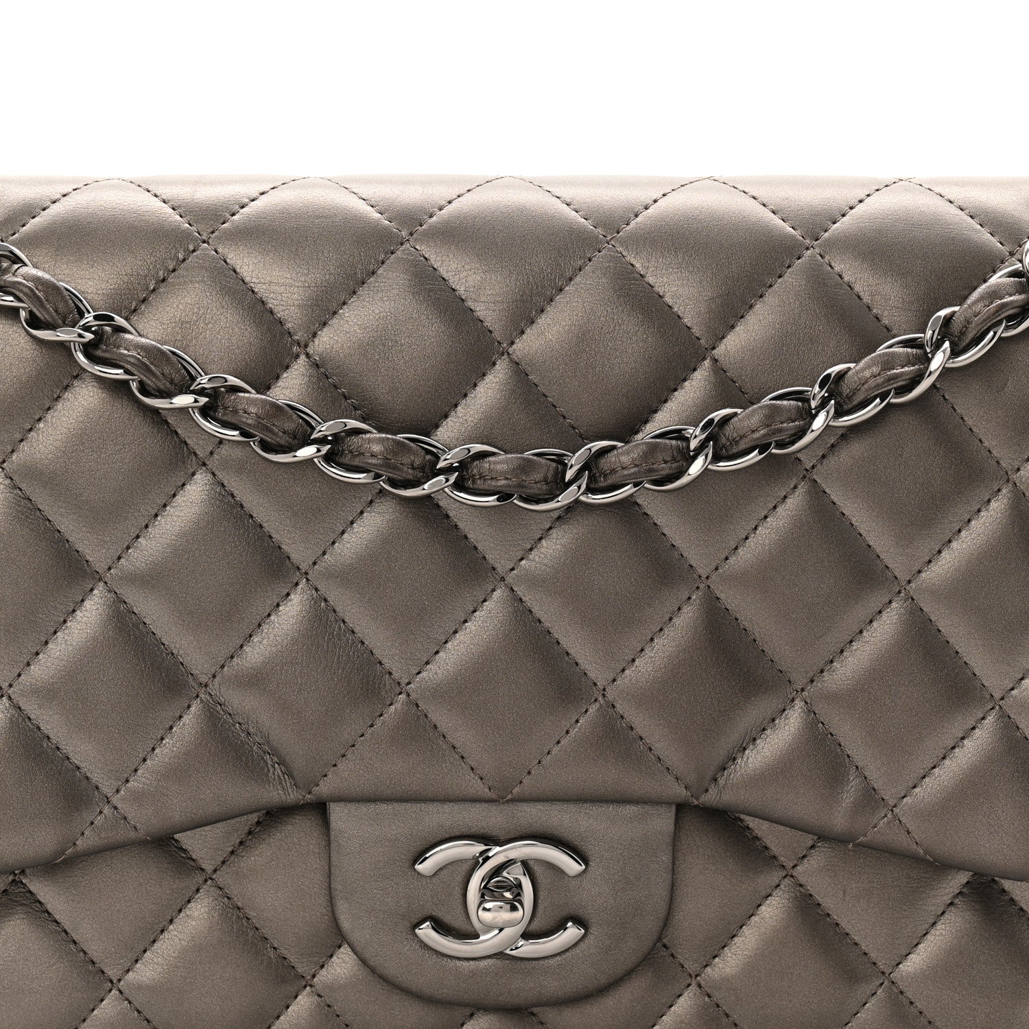 Metallic Lambskin Quilted Jumbo Double Flap Pewter - Image 8