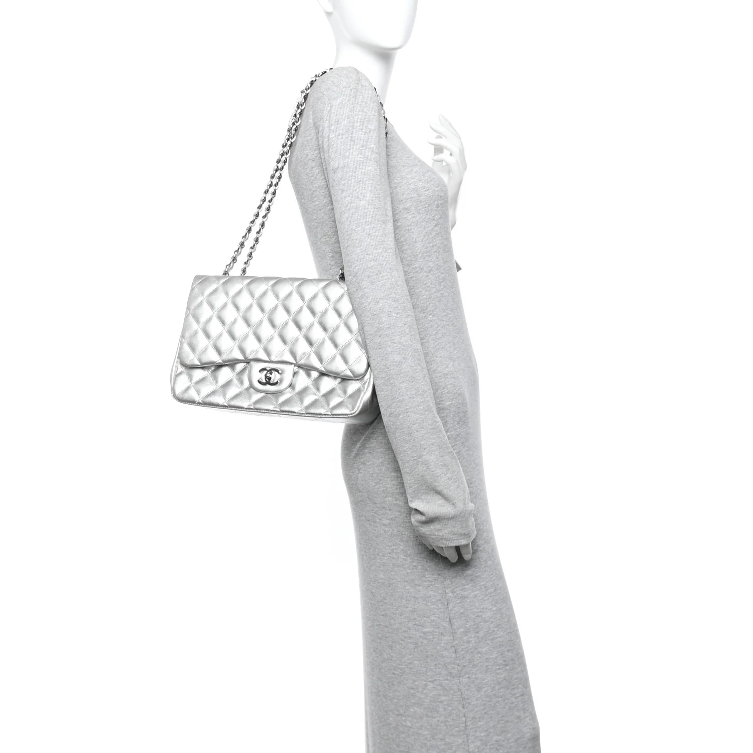 Metallic Lambskin Quilted Jumbo Single Flap Silver - Image 2