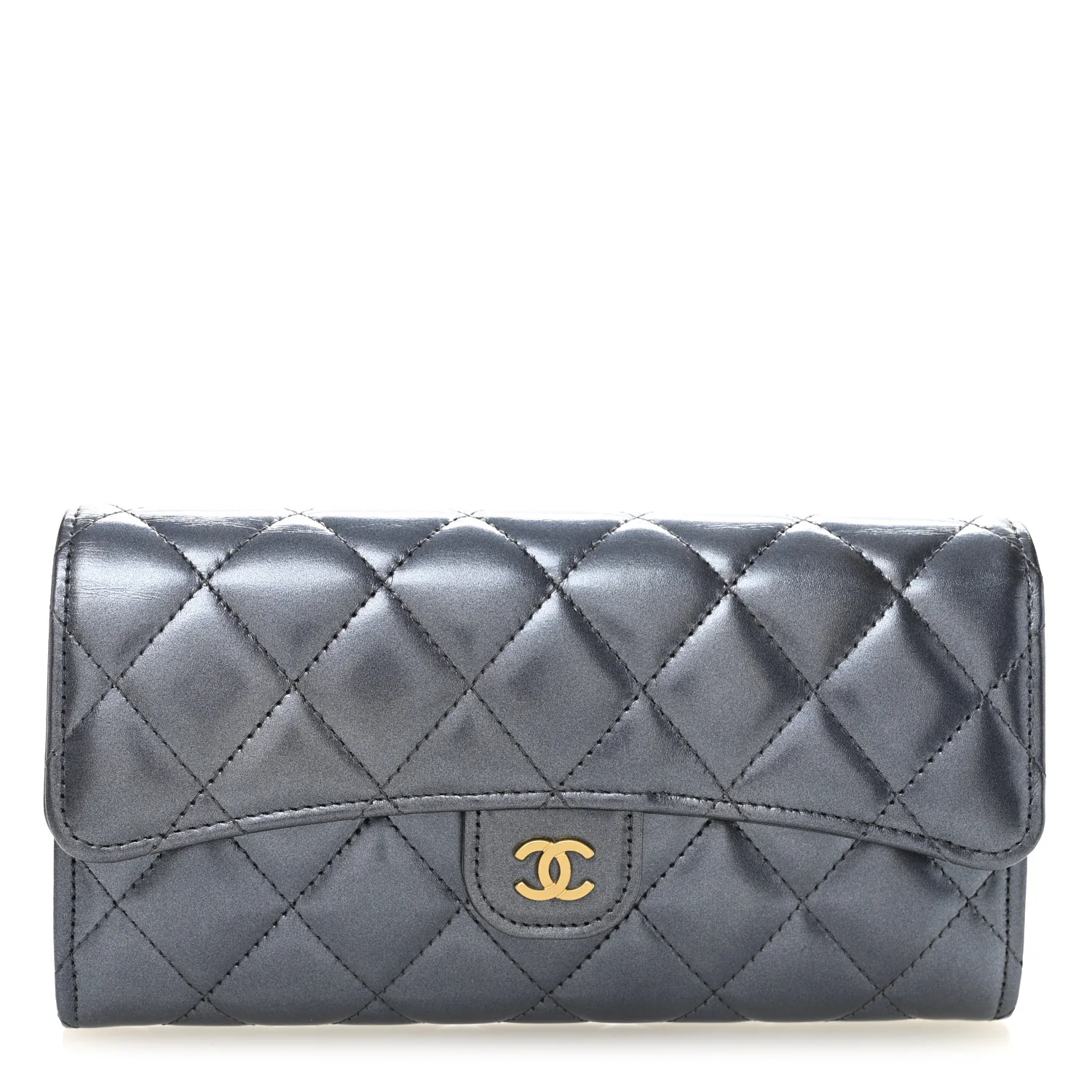 Metallic Lambskin Quilted Large Gusset Flap Wallet Dark Blue