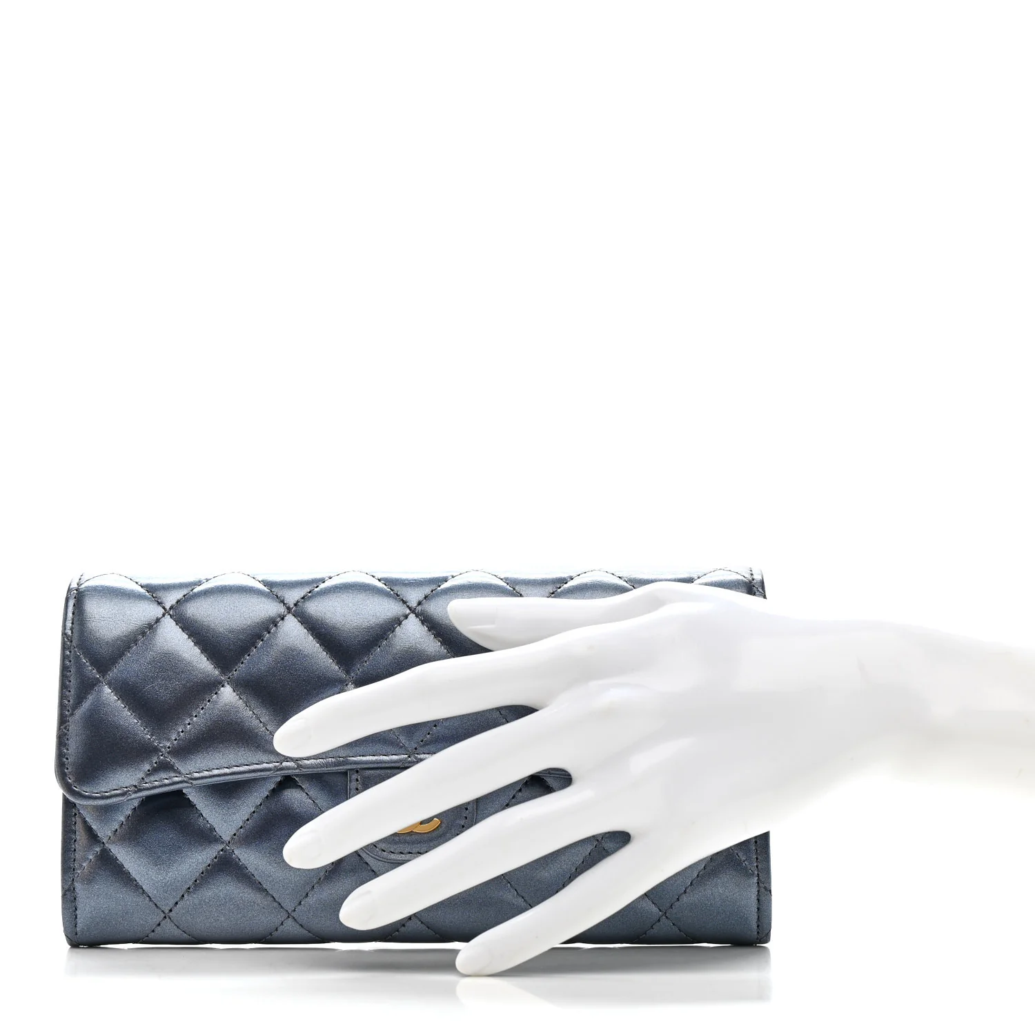 Metallic Lambskin Quilted Large Gusset Flap Wallet Dark Blue - Image 2