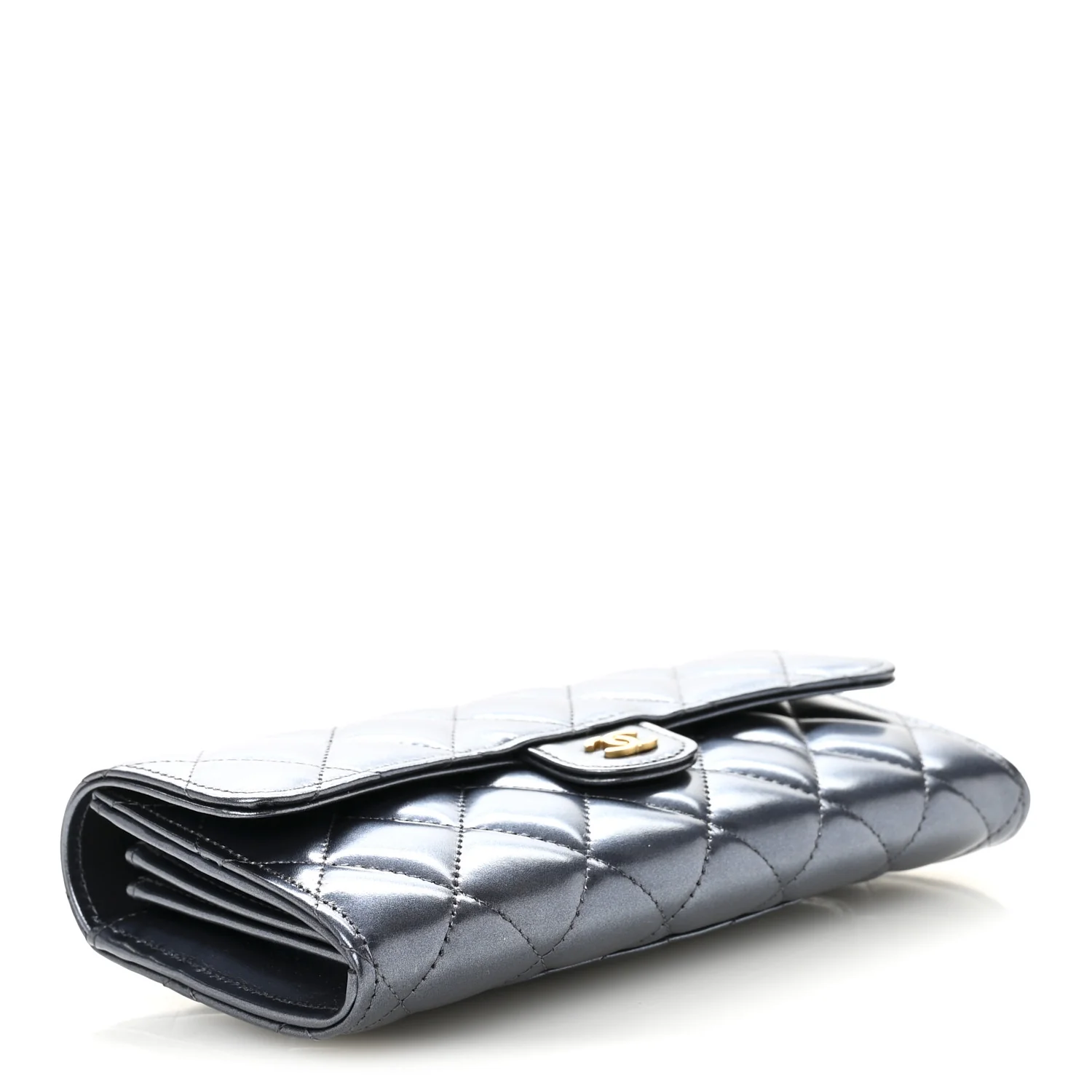 Metallic Lambskin Quilted Large Gusset Flap Wallet Dark Blue - Image 4