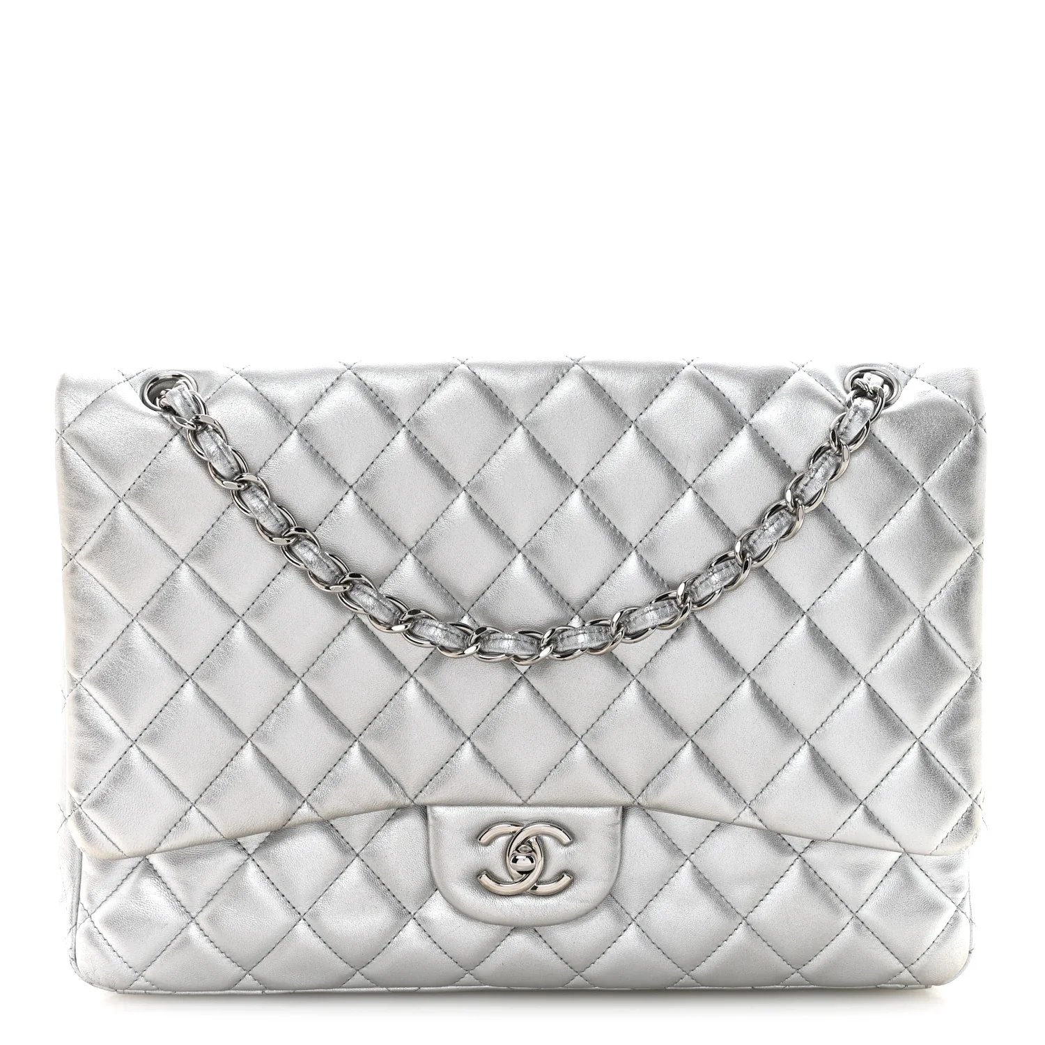 Metallic Lambskin Quilted Maxi Single Flap Silver