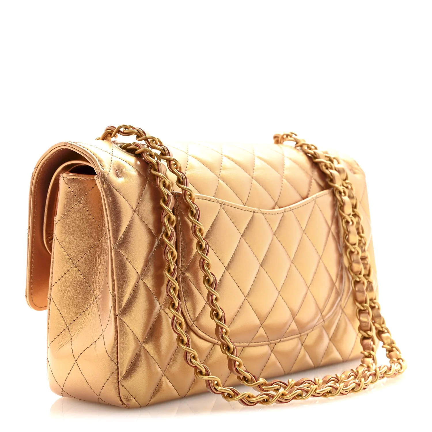 Metallic Lambskin Quilted Medium Double Flap Golden - Image 3