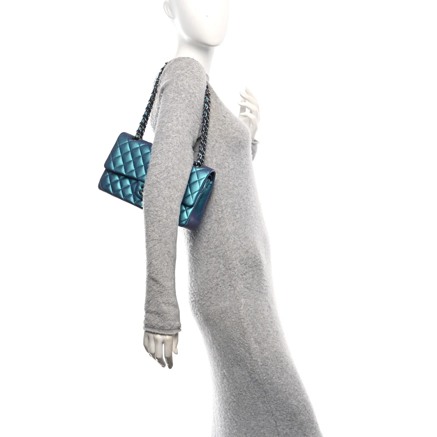 Metallic Lambskin Quilted Medium Double Flap Turquoise - Image 2