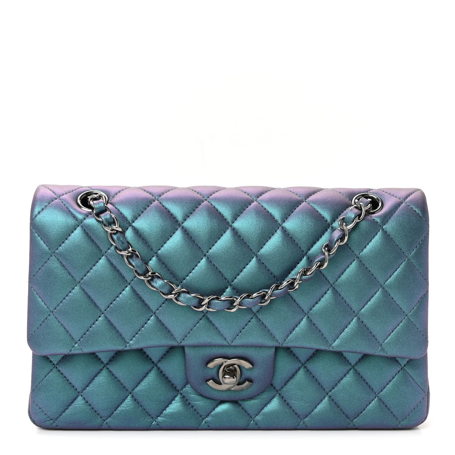 Metallic Lambskin Quilted Medium Double Flap Turquoise