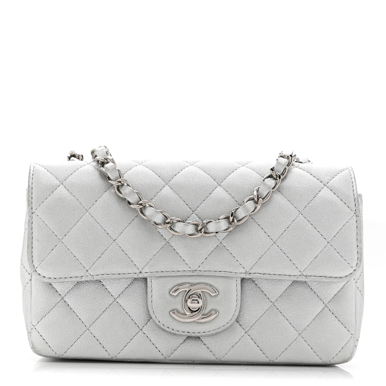Metallic Lambskin Quilted Mini Rectangular Flap Silver