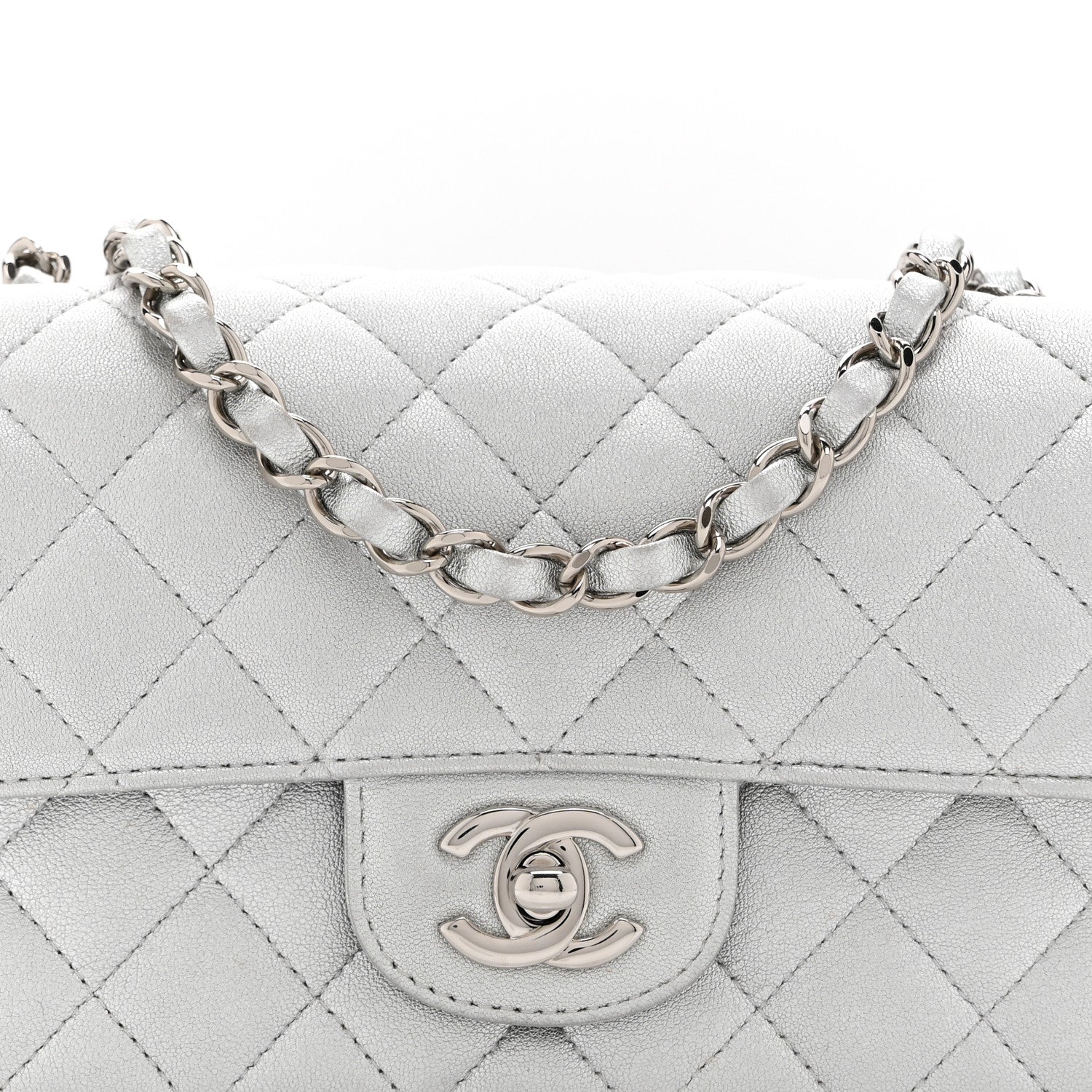 Metallic Lambskin Quilted Mini Rectangular Flap Silver - Image 8