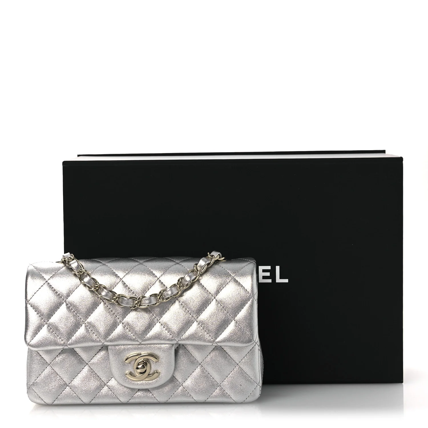 Metallic Lambskin Quilted Mini Rectangular Flap Silver - Image 15
