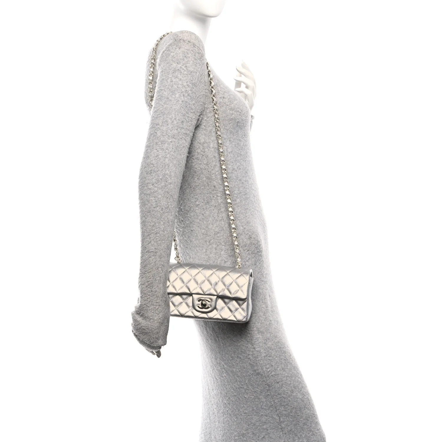 Metallic Lambskin Quilted Mini Rectangular Flap Silver - Image 2