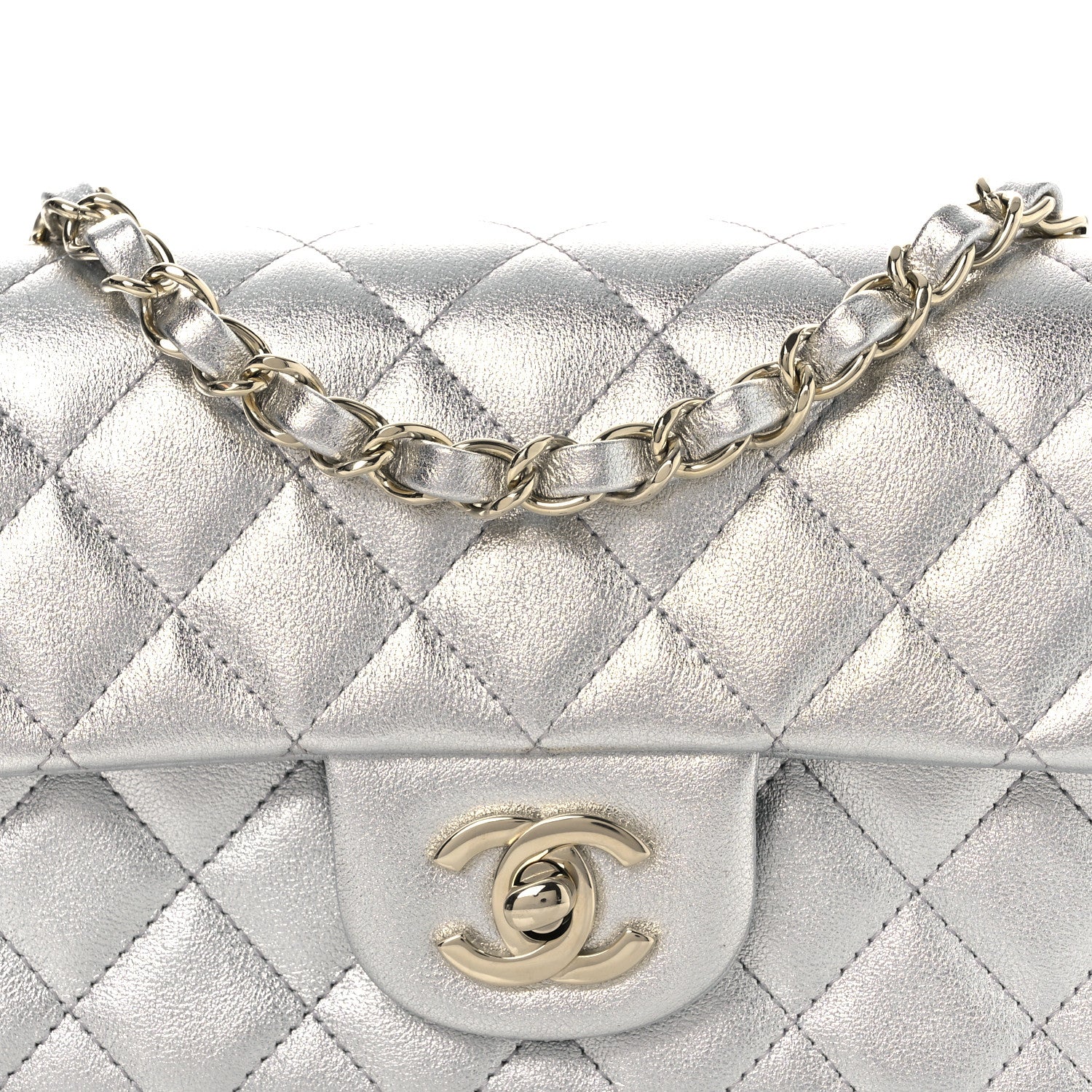 Metallic Lambskin Quilted Mini Rectangular Flap Silver - Image 8