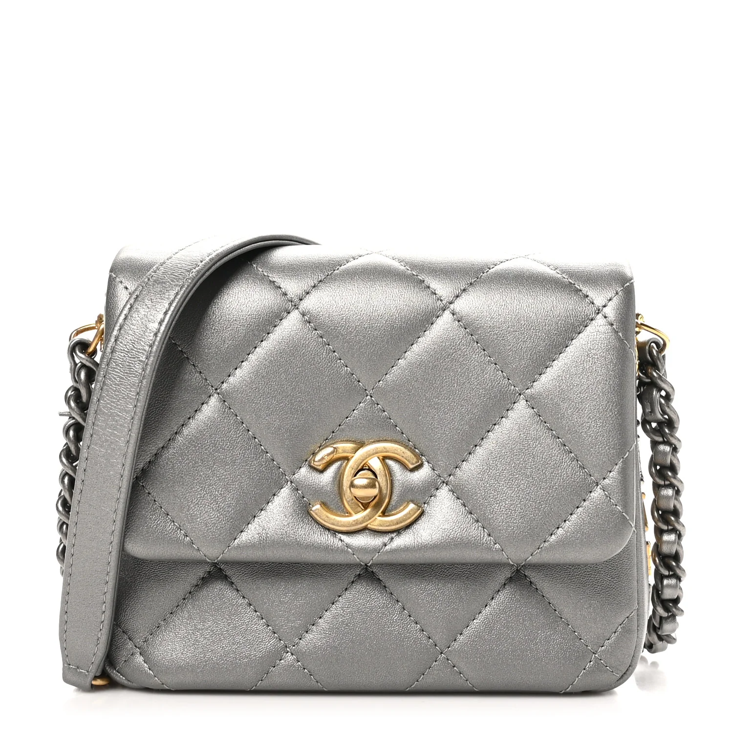 Metallic Lambskin Quilted Mini Side Note Flap Grey