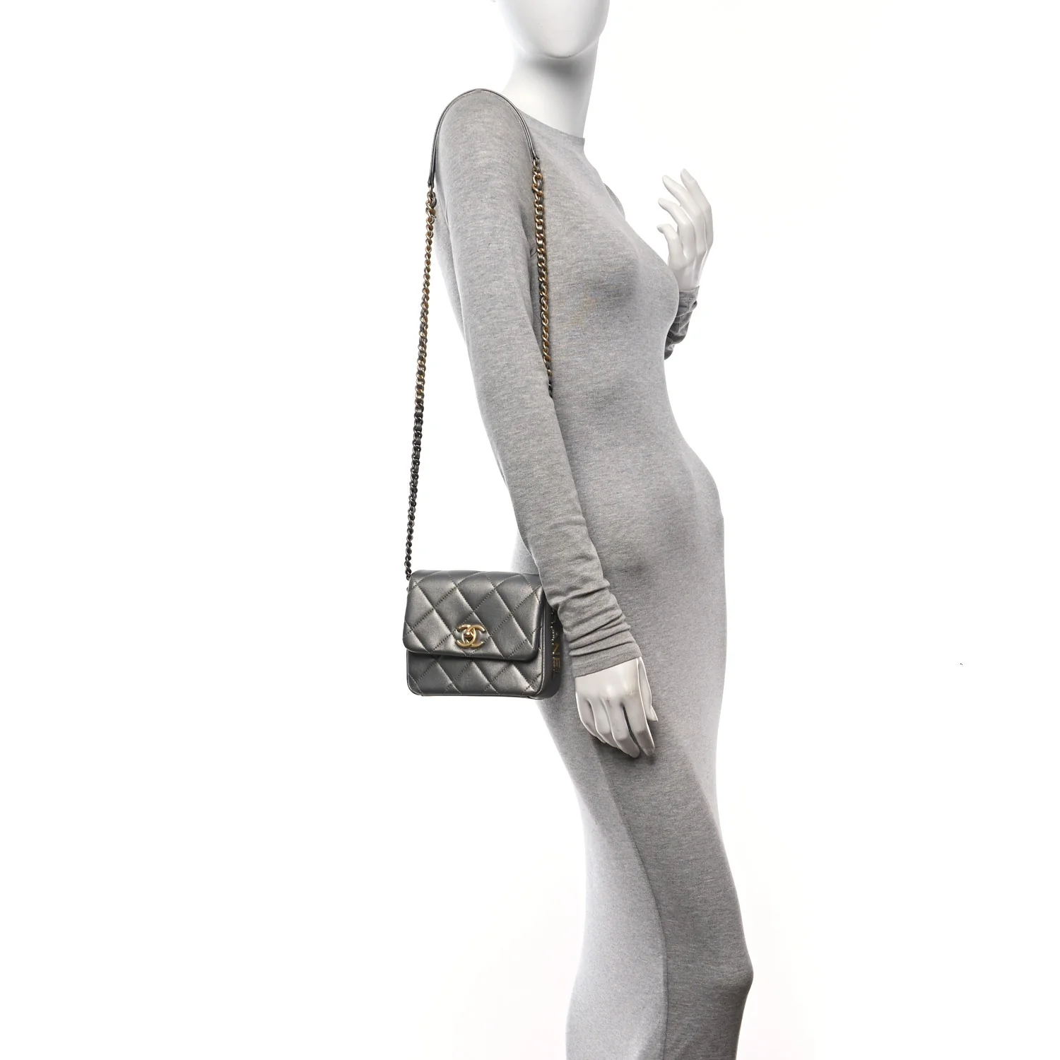 Metallic Lambskin Quilted Mini Side Note Flap Grey - Image 2
