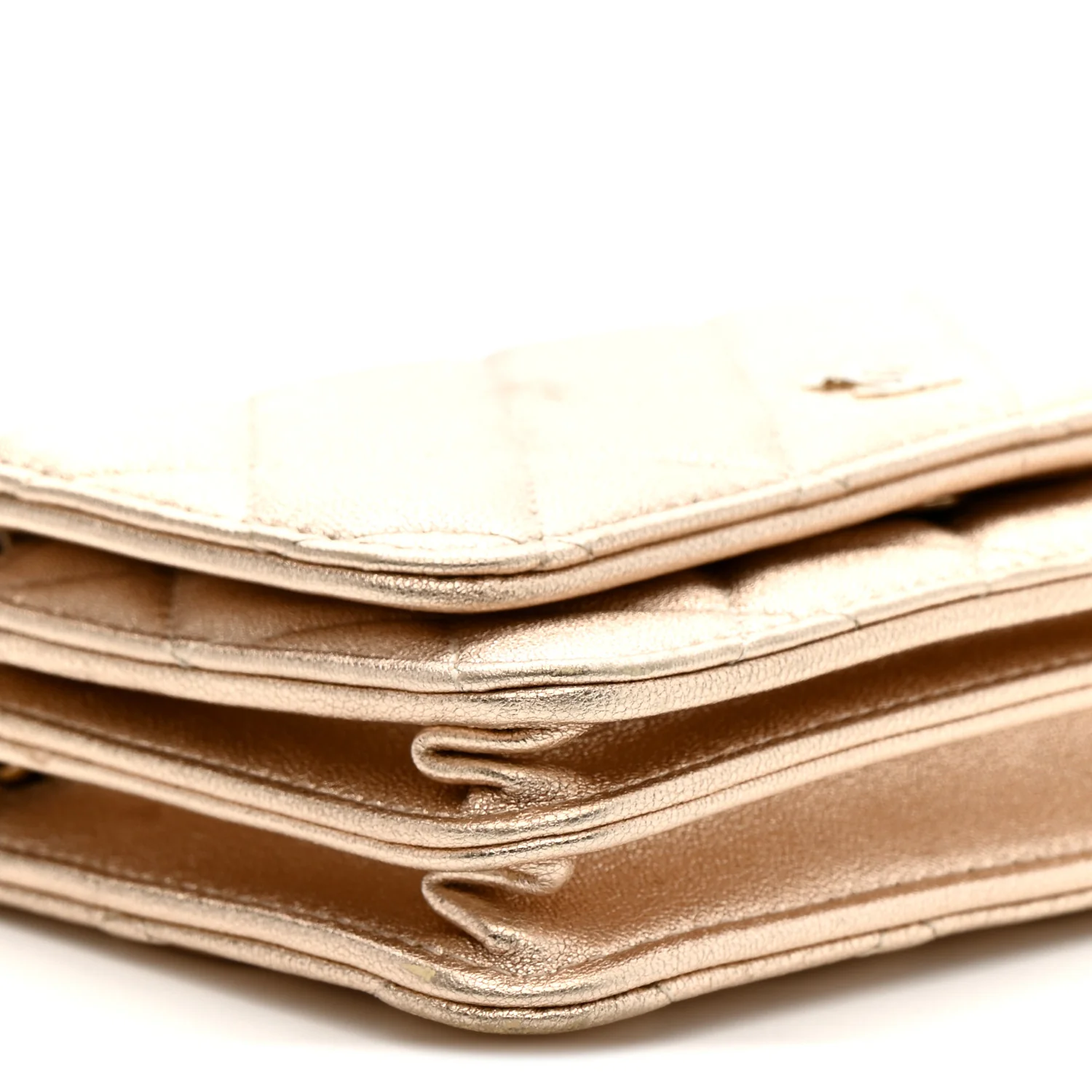Metallic Lambskin Quilted Mini Wallet On Chain WOC Gold - Image 10