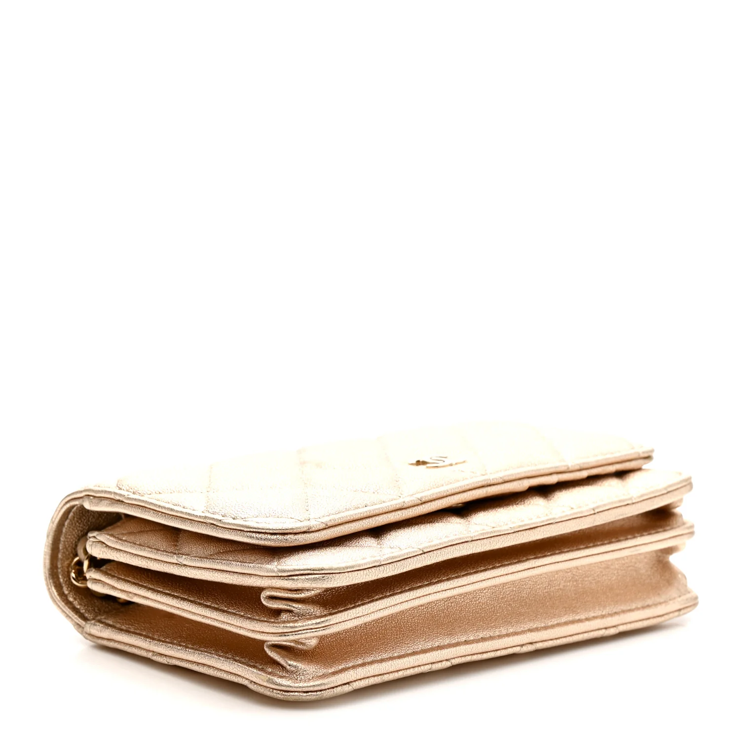 Metallic Lambskin Quilted Mini Wallet On Chain WOC Gold - Image 4